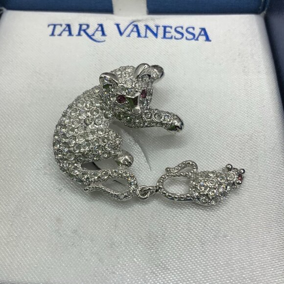 Tara Vanessa NIB Rhinestone Cat and Mouse Silver Tone Brooch - Picture 1 of 5